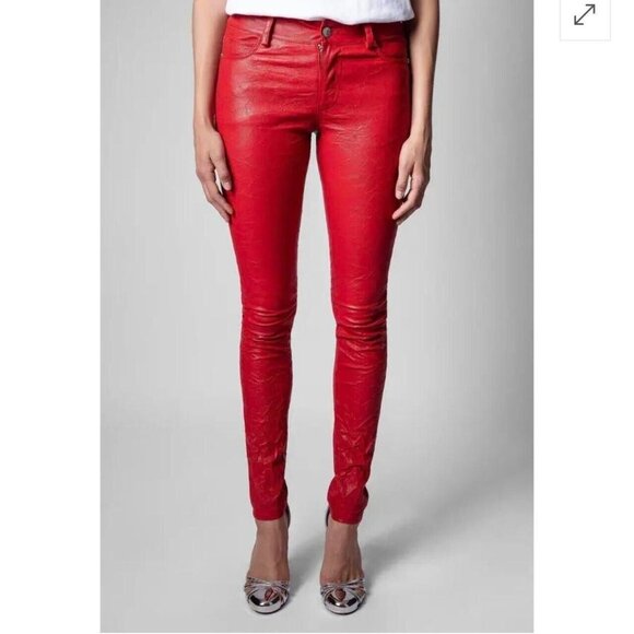 Zadig and Voltaire Womens 36 Small Phlame Pants Crinkled Lamb Leather in Red
